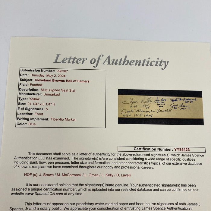 Jim Brown Lou Groza Browns HOF Multi Signed Stadium Seatback Slat JSA COA