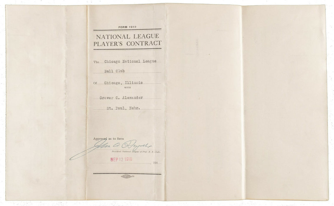 Historic 1920 Grover Alexander Signed Chicago Cubs Contract Triple Crown Season