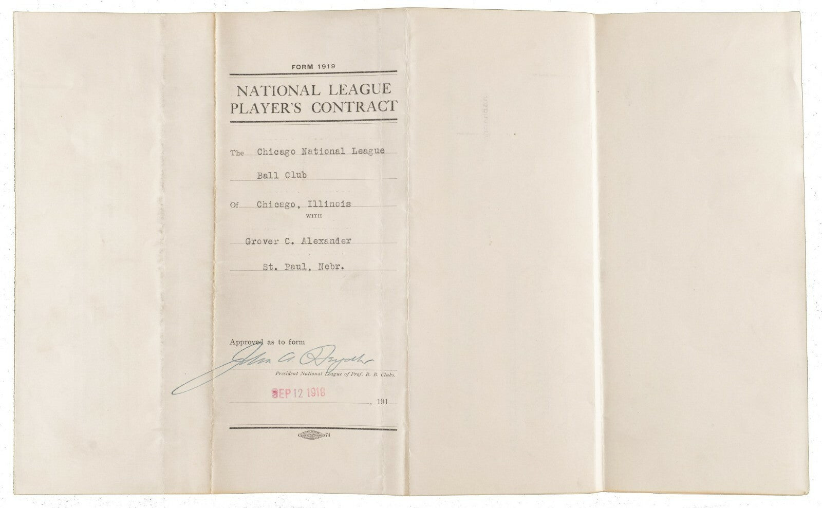 Historic 1920 Grover Alexander Signed Chicago Cubs Contract Triple Crown Season