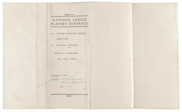 Historic 1920 Grover Alexander Signed Chicago Cubs Contract Triple Crown Season