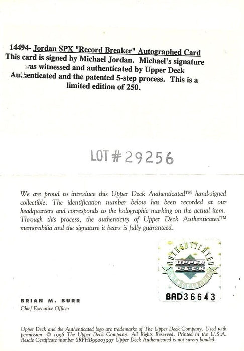1996 SPx Record Breaker Michael Jordan AUTO /250 BGS Auto 9 UDA Upper Deck COA