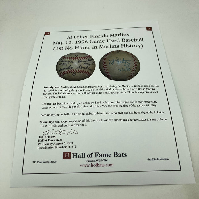 Al Leiter No Hitter Signed Game Used Baseball May 11, 1996 JSA COA