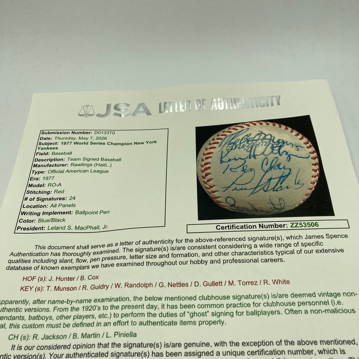 1977 NY Yankees World Series Champs Team Signed Baseball Thurman Munson JSA COA
