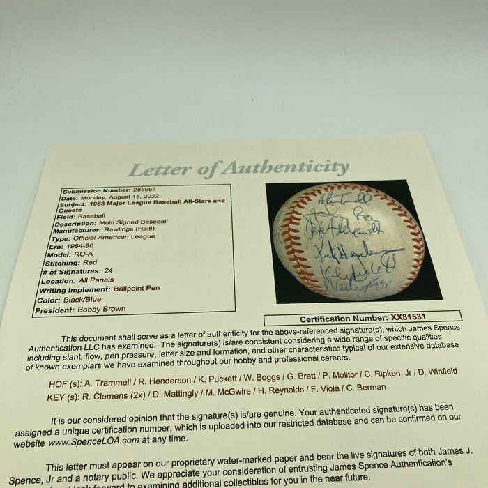 1988 All Star Game Team Signed Baseball Puckett Ripken Brett Mcgwire Clemens JSA