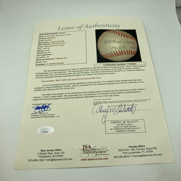 Bill Terry MVP 1940 Signed Inscribed National League Baseball JSA COA RARE