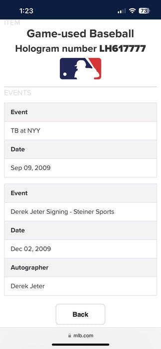 Derek Jeter Hit #2,721 Ties Lou Gehrig Signed Game Used Baseball Steiner COA