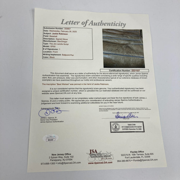 Jackie Robinson Single Signed Baseball Glove The Only One Known JSA COA