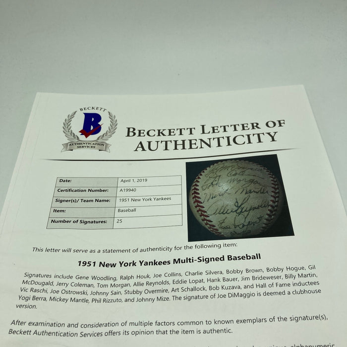1951 Yankees World Series Champs Team Signed Baseball Mickey Mantle Rookie BAS