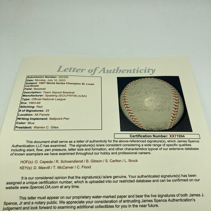 1967 St. Louis Cardinals World Series Champs Team Signed Baseball JSA COA