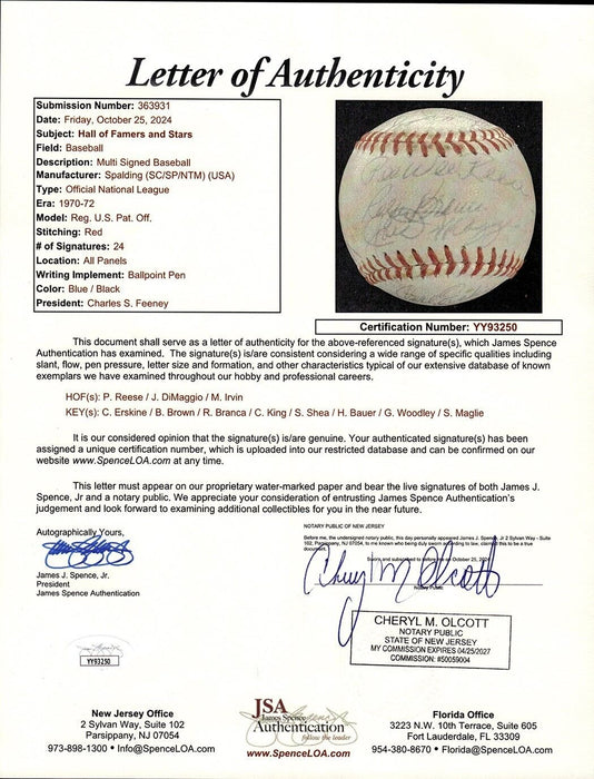 Joe Dimaggio HOF Legends Multi Signed National League Feeney Baseball JSA COA