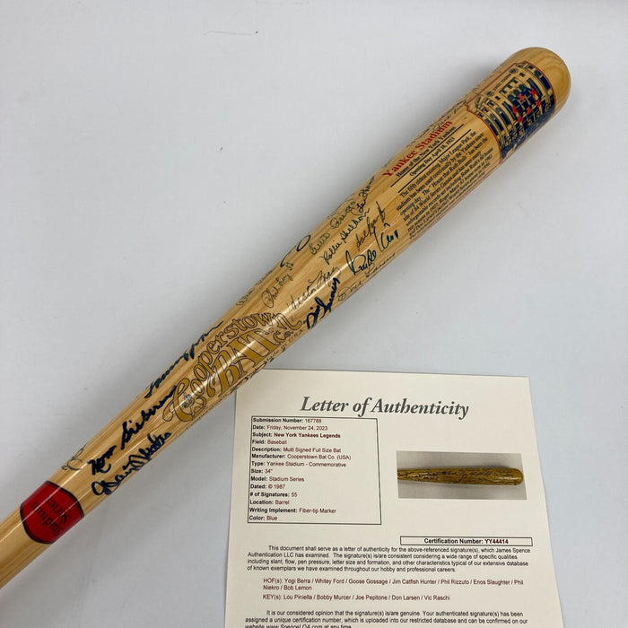 Beautiful New York Yankees HOF Legends Signed Baseball Bat With 55 Sigs! JSA COA