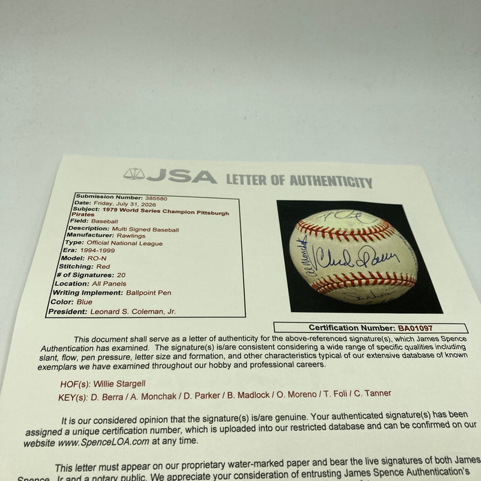 1979 Pittsburgh Pirates World Series Champs Team Signed NL Baseball JSA COA