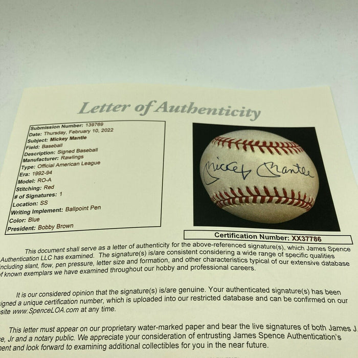 Beautiful Mickey Mantle Signed American League Baseball MINT Autograph JSA COA