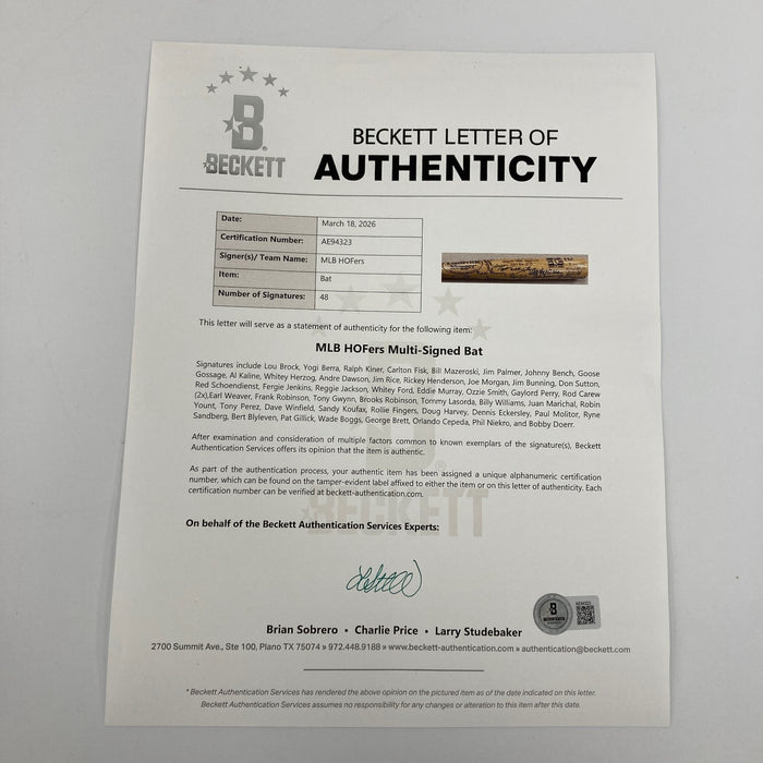 Beautiful Hall Of Fame Multi Signed Baseball Bat 48 Sigs Sandy Koufax Beckett