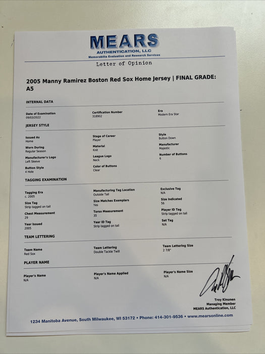 Manny Ramirez Signed Game Used 2005 Boston Red Sox Jersey With JSA & MEARS COA