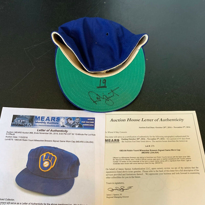 1983 Robin Yount Signed Game Used Milwaukee Brewers Baseball Hat Mears & JSA COA
