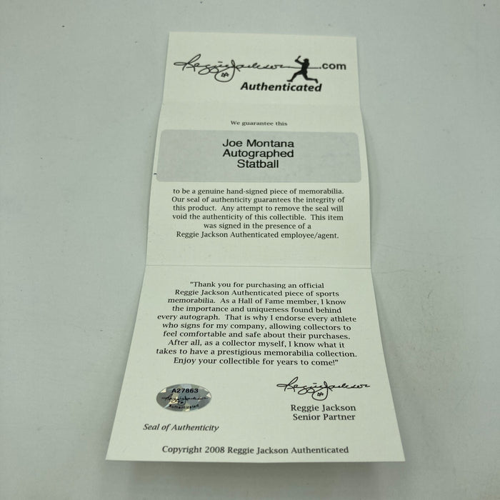 Joe Montana Signed Heavily Inscribed Career STAT Baseball Reggie Jackson COA