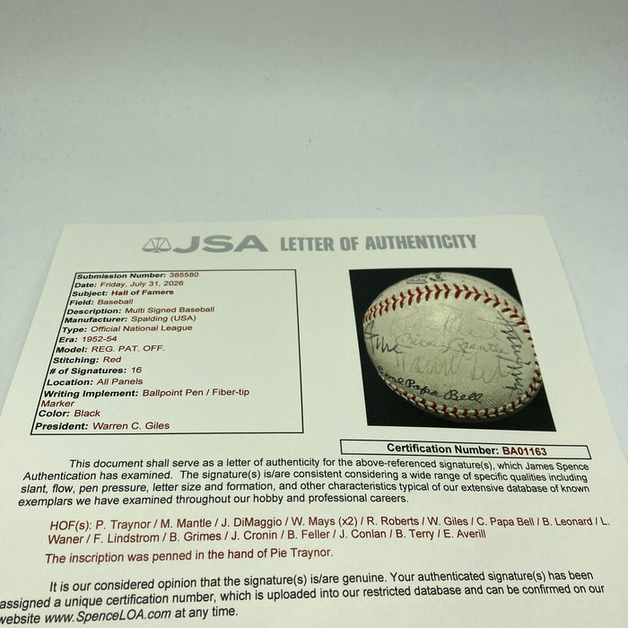 Mickey Mantle Joe DiMaggio Pie Traynor Hall Of Fame Multi Signed Baseball JSA