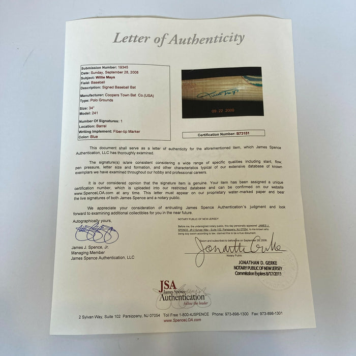 Willie Mays Signed Cooperstown Baseball Bat With JSA COA RARE