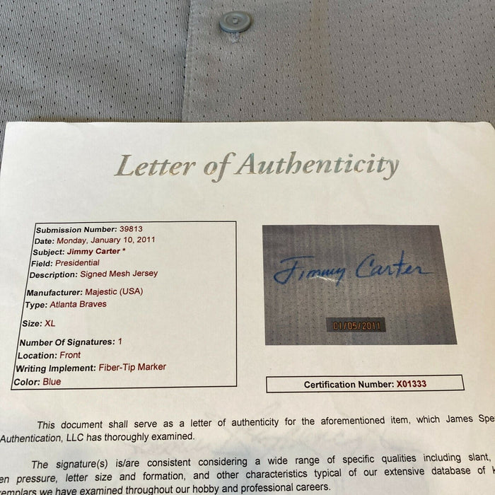 President Jimmy Carter Signed Atlanta Braves Baseball Jersey With JSA COA