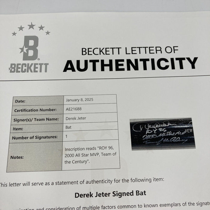 Derek Jeter "1996 ROY, 2000 All Star MVP Team Of The Century" Signed Bat Beckett