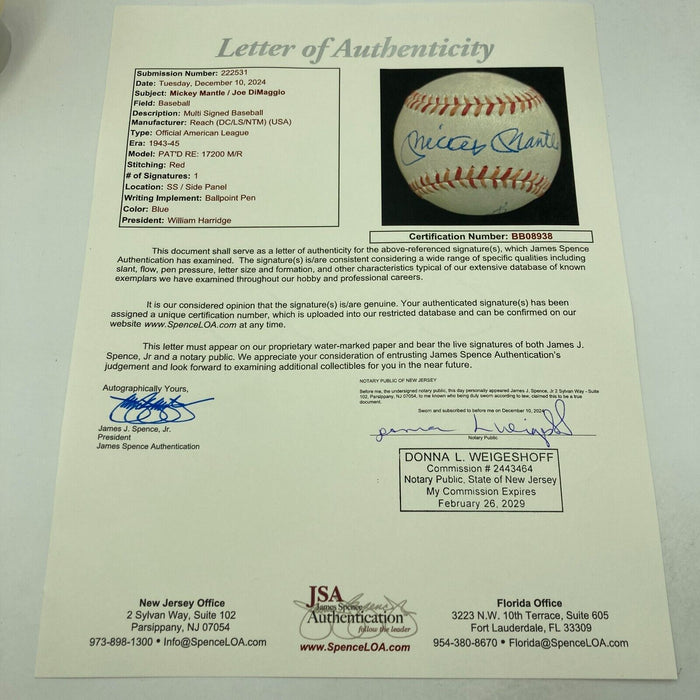 Mickey Mantle & Joe Dimaggio Signed 1950's American League Harridge Baseball JSA