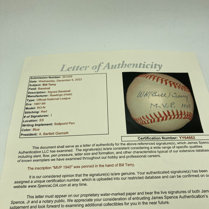 Bill Terry MVP 1940 Signed Inscribed National League Baseball JSA COA RARE