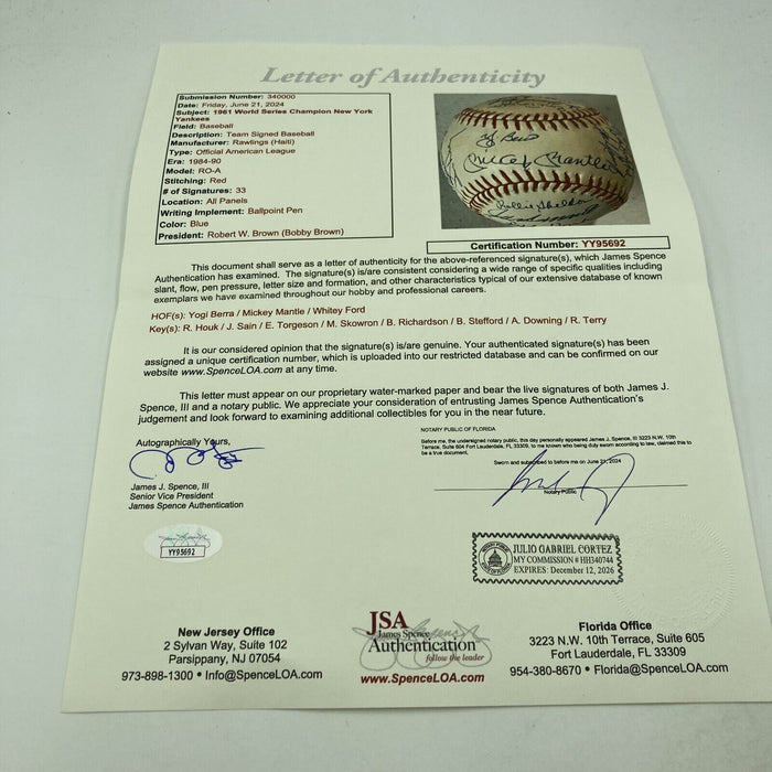 1961 New York Yankees World Series Champs Team Signed Baseball Mickey Mantle JSA