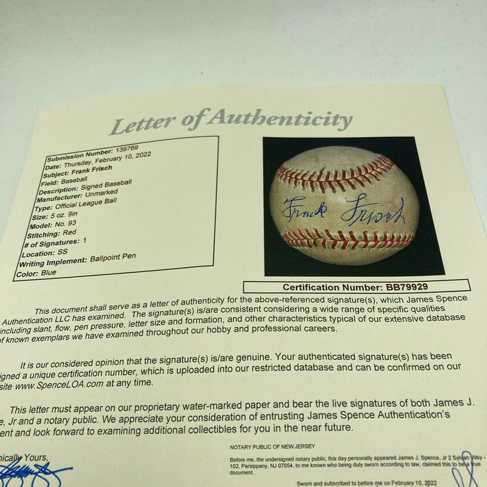 Magnificent Frankie Frisch Single Signed Baseball With JSA COA