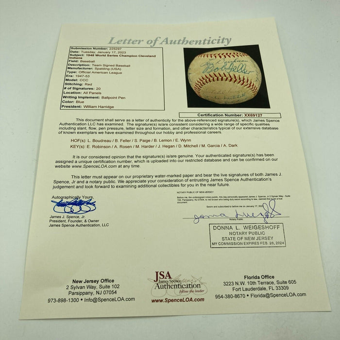 1948 Cleveland Indians W.S. Champs Team Signed Baseball Satchel Paige JSA COA