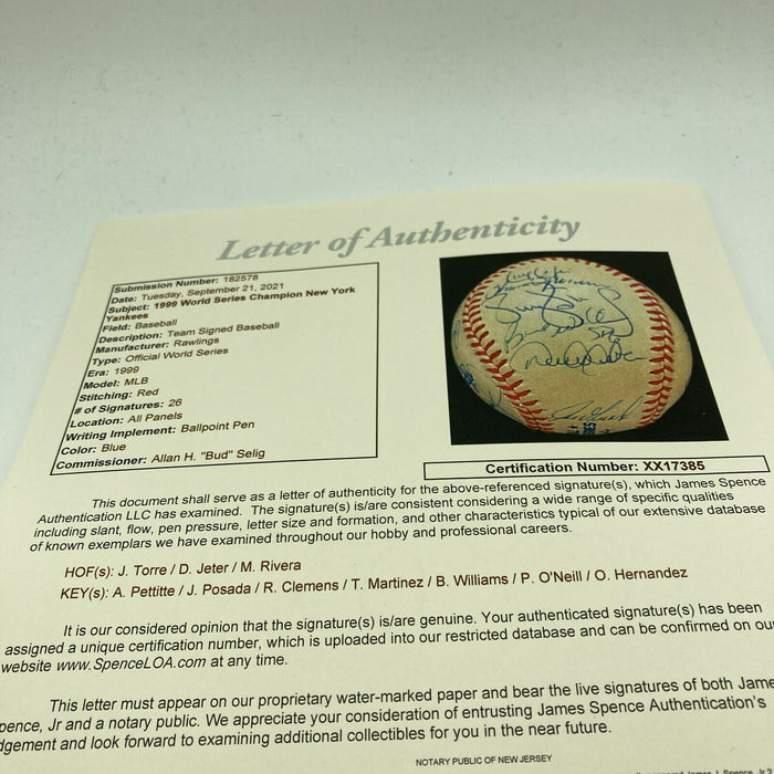 1999 New York Yankees World Series Champs Team Signed Baseball Derek Jeter JSA