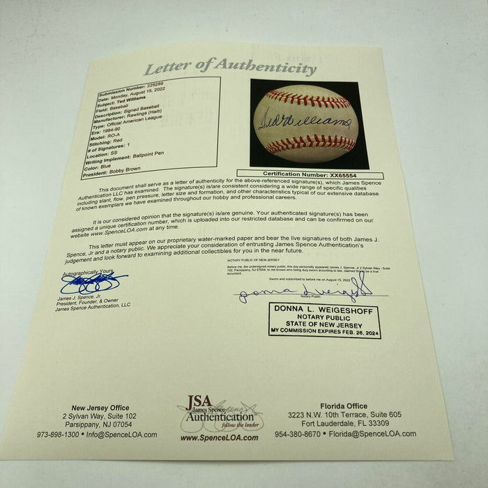 Nice Ted Williams Signed Official American League Baseball JSA COA