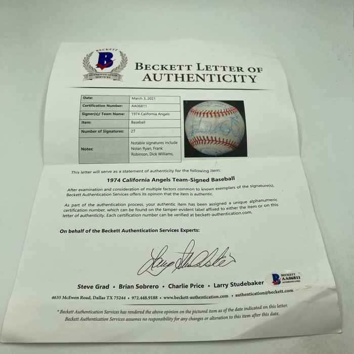 Nolan Ryan 1974 California Angels Team Signed American League Baseball Beckett