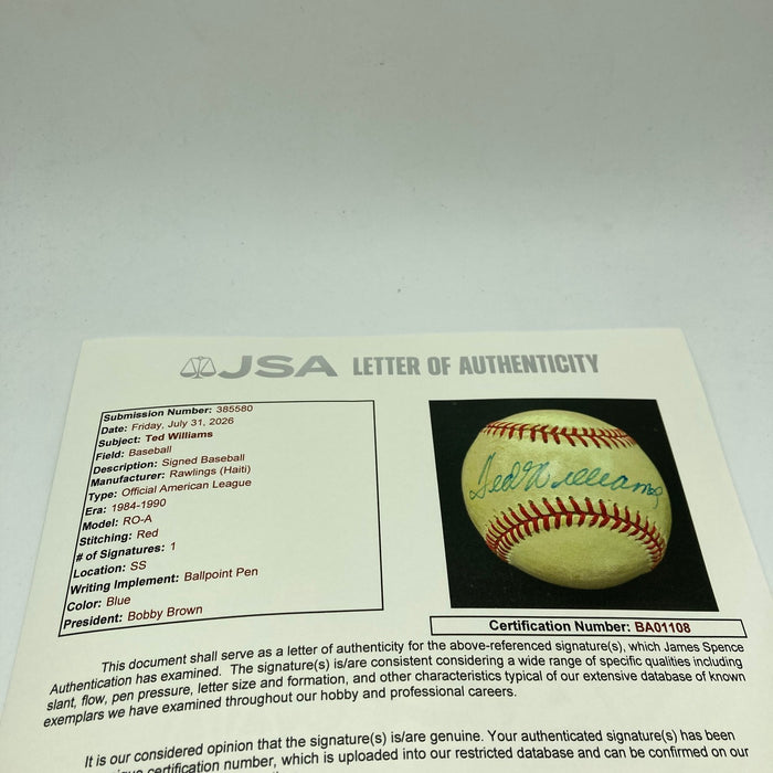 Ted Williams Signed Official American League Baseball JSA COA