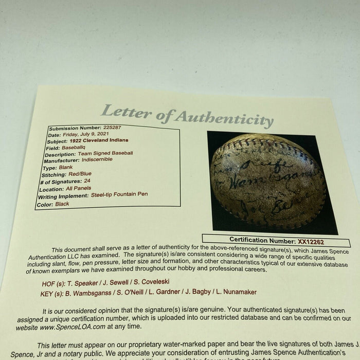Historic 1922 Cleveland Indians Team Signed Baseball With Tris Speaker JSA COA
