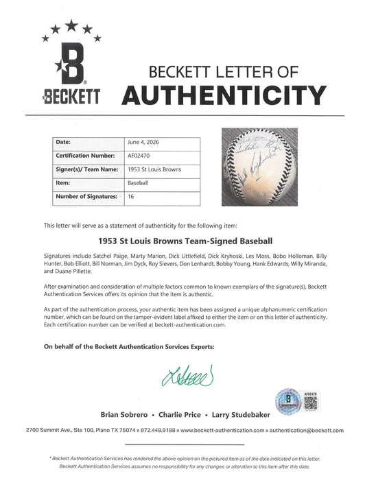 Satchel Paige 1953 St. Louis Browns Team Signed Baseball Beckett COA