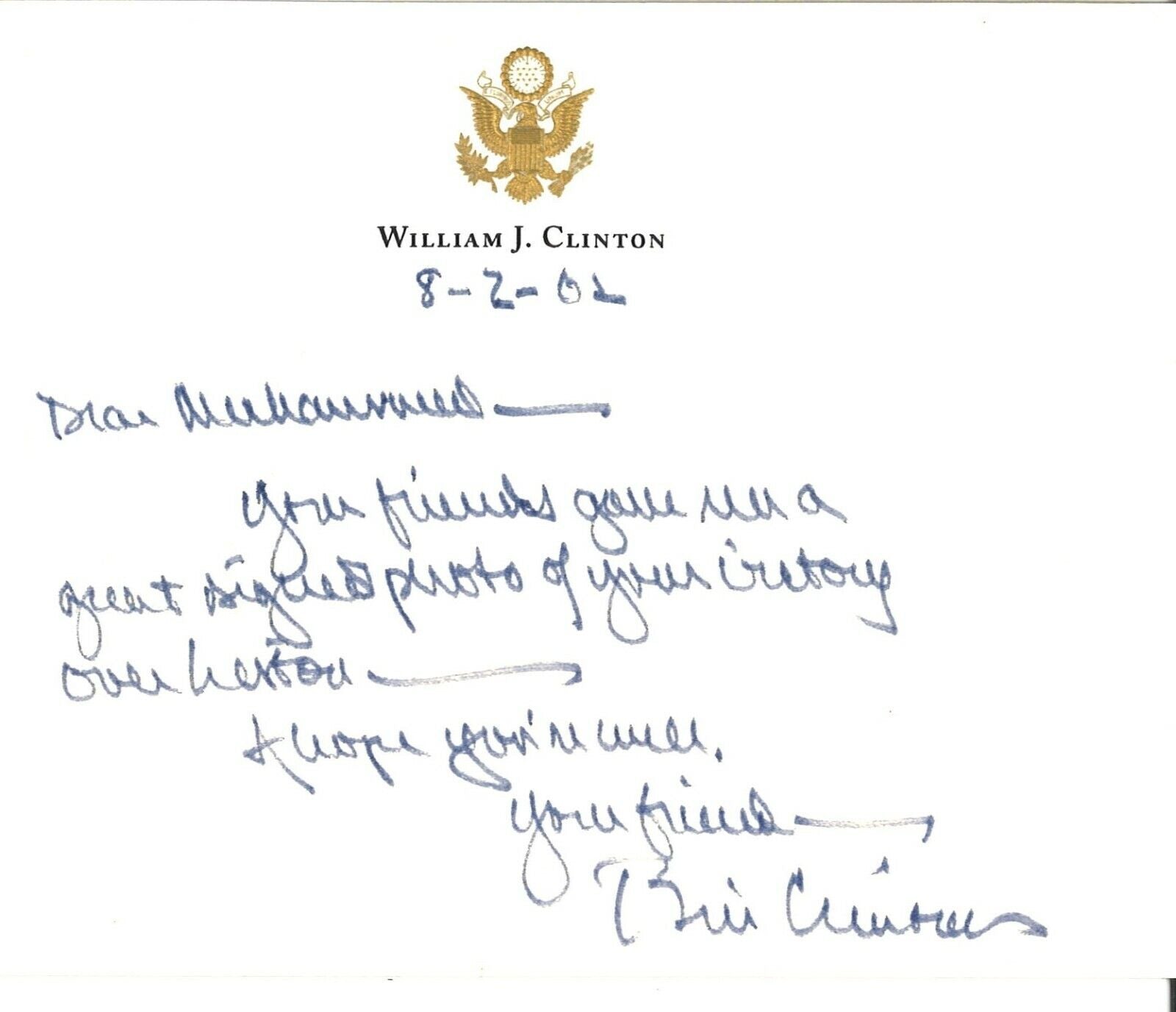 Extraordinary Bill Clinton Signed Handwritten White House Letter To Muhammad Ali