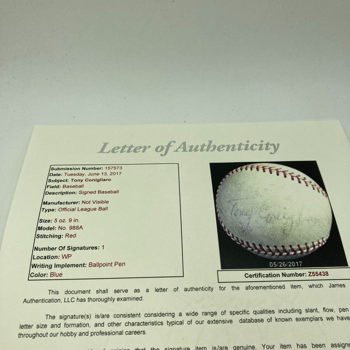 Tony Conigliaro Single Signed Vintage Baseball JSA COA