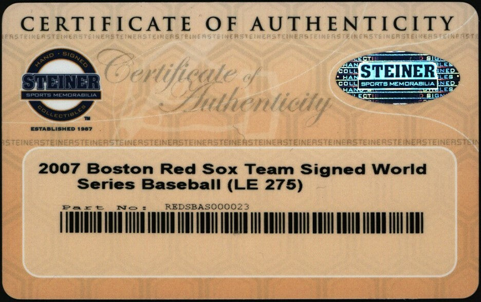 2007 Boston Red Sox World Series Champs Team Signed W.S. Baseball Steiner COA