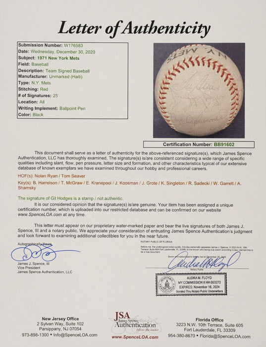 1971 New York Mets Team Signed Baseball Nolan Ryan Tom Seaver  JSA COA