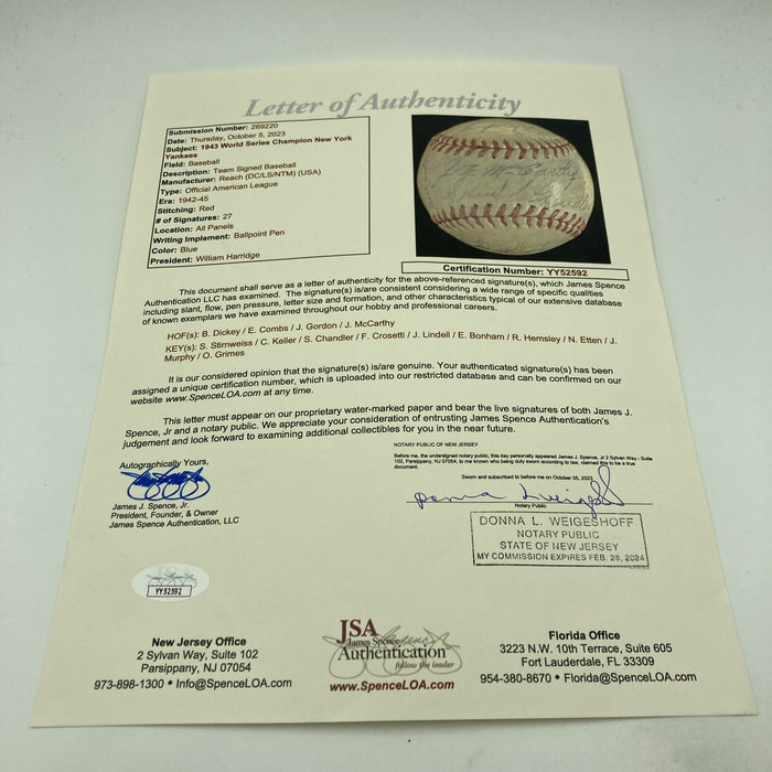 1943 New York Yankees World Series Champs Team Signed AL Baseball JSA COA