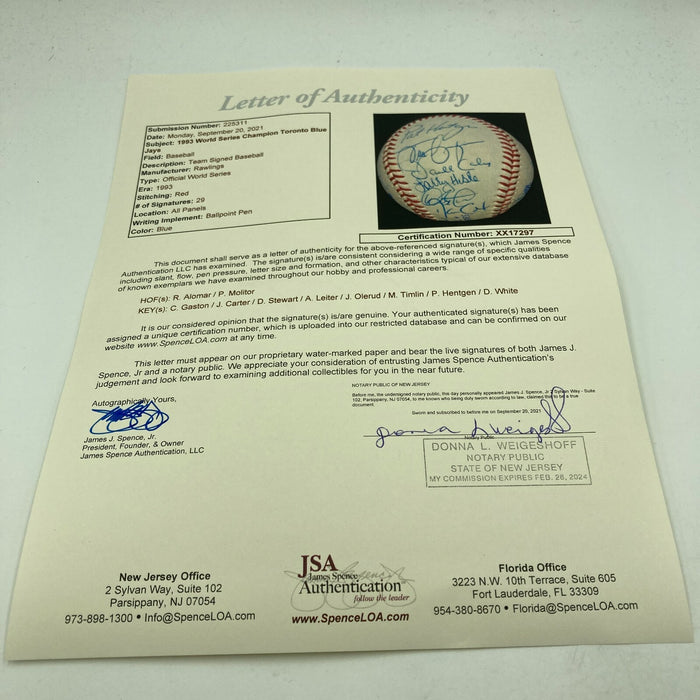 1993 Toronto Blue Jays World Series Champs Team Signed Baseball JSA COA