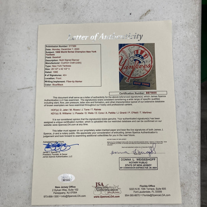 1998 New York Yankees World Series Champs Team Signed Large Pennant 44 Sigs JSA