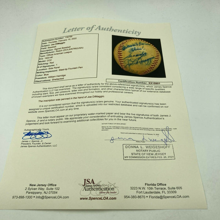 1940 Joe Dimaggio Playing Days Signed Baseball "Welcome To America!" JSA COA