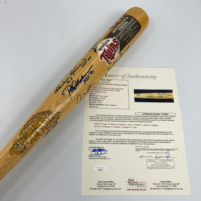 Beautiful Kirby Puckett Minnesota Twins HOF Multi Signed Baseball Bat JSA COA