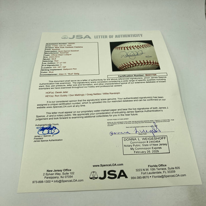 Derek Jeter & Don Mattingly Yankees Captains Multi Signed Baseball JSA COA