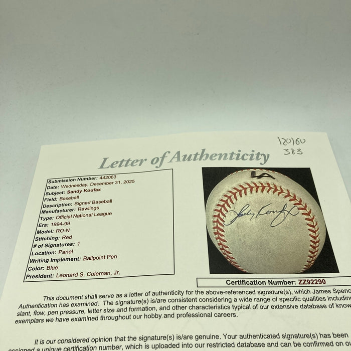 Sandy Koufax Signed Official National League Baseball JSA COA