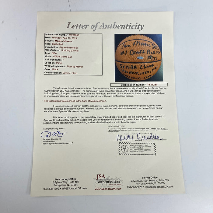 Magic Johnson Signed Heavily Inscribed STATS Basketball 18/32 JSA & Steiner COA