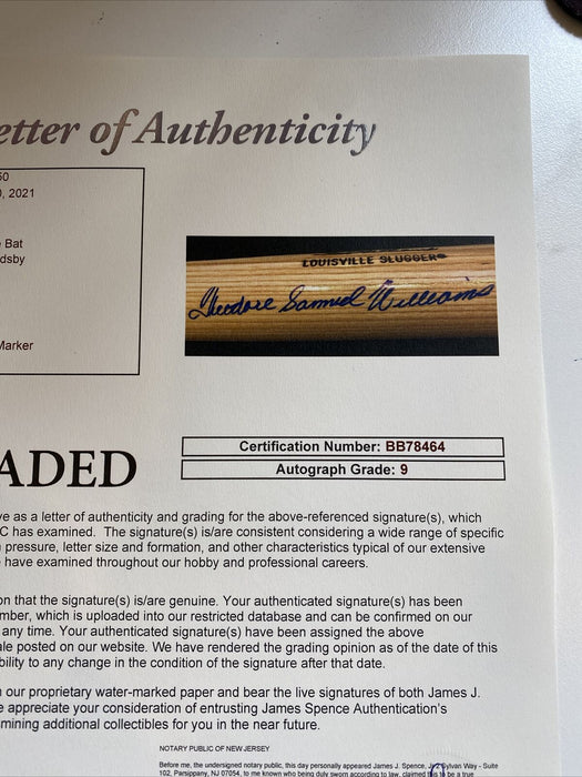 Mint Ted "Theodore Samuel" Williams Full Name Signed Bat JSA Graded MINT 9