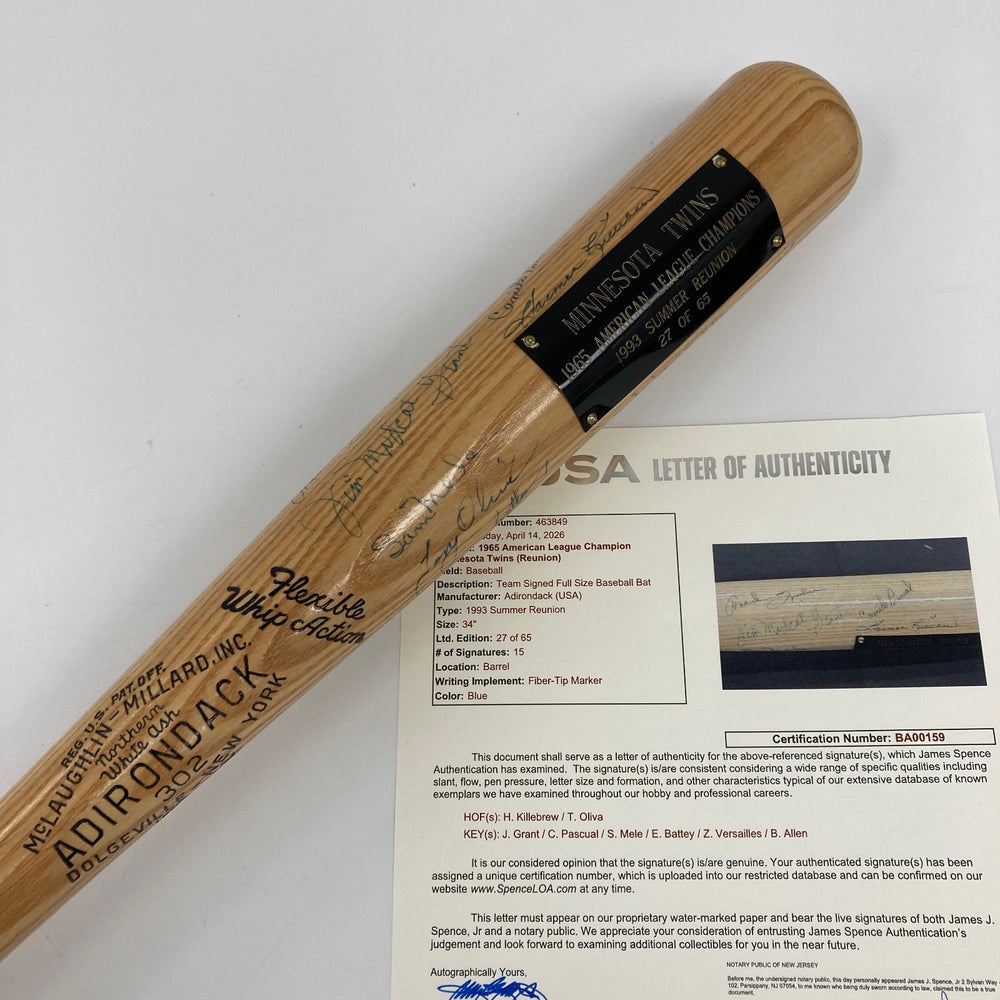 1965 Minnesota Twins American League Champs Team Signed Baseball Bat JSA COA